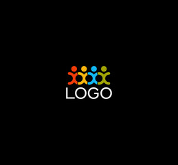 Isolated human silhouettes holding hands logo. People unity logotype. Abstract colorful vector illustration on black background.