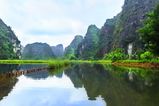 Landscape in Van Long natural reserve in Ninh Binh, Vietnam. Vietnam landscapes.