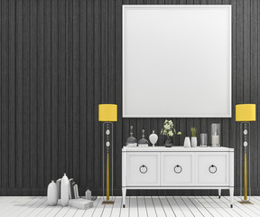 3d rendering white shelf with yellow lamp in loft living room