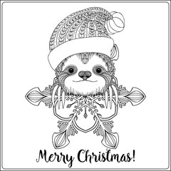 Decorative patterned sloth in the hat of Santa Claus on a snowfl © Elen  Lane