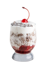 creamy desert in glass with cherry on top isolated on white