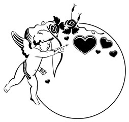 Black and white Valentine frame with cupid and hearts. 