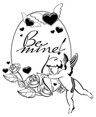 Black and white label with cupid and artistic written text: