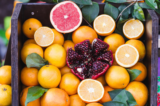 Mix tropic citrus fruits background.Fresh fruits close up.Health