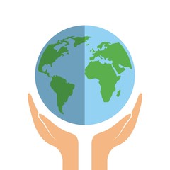 hands with earth planet icon over white background. colorful design. vector illustration