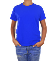 Obraz premium Young African American boy in blank blue t-shirt standing on white background