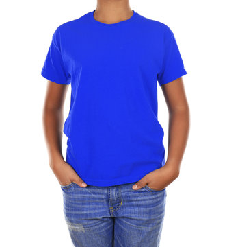Young African American boy in blank blue t-shirt standing on white background