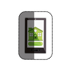Padlock and house inside smartphone icon. Insurance security protection and safety theme. Isolated design. Vector illustration