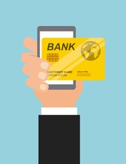 hand holding a smartphone device with credit card icon over blue background. colorful design. vector illustration