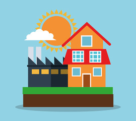 Factory and house icon. Ecology renewable and conservation theme. Colorful design. Vector illustration
