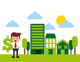 Naklejka premium man holding a money sign icon on green city. colorful design. colorful design. vector illustration