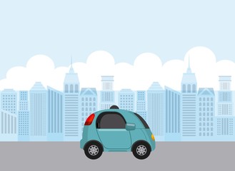 autonomous car icon over city background. colorful design. vector illustration