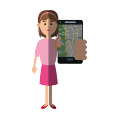 Woman and smartphone with gps app icon. Travel navigation route and technology theme. Isolated design. Vector illustration