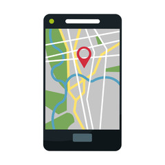 Smartphone with gps app icon. Travel navigation route and technology theme. Isolated design. Vector illustration