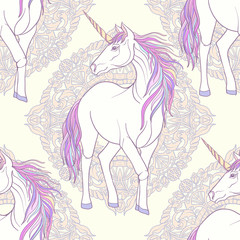 Seamless pattern with Unicorn with color pink purple mane on dec