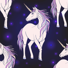 Seamless pattern with Unicorn with color pink purple mane.