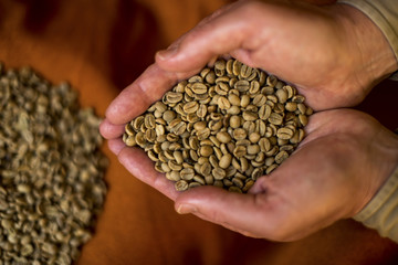 Handful raw coffee beans tipped top more table.