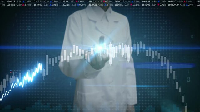 Female researcher engineer touched screen, various animated Stock Market charts and graphs. Increase line. Artificial Intelligence