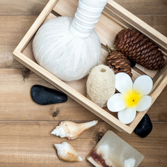 Fototapeta na wymiar Aromatherapy product Spa set ,candle ,soap,coconut, massage with white wood background. top view,flat lay composition. I