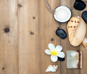 Aromatherapy product Spa set ,candle ,soap,coconut, massage with white wood background. top view,flat lay composition.  I