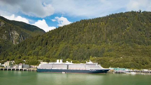 Holland America Line Cruise Ship Docked in Juneau Alaska at the Base of Mount Roberts in the Summer