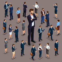 Isometric people, businessmen 3D business woman. Set 4 Office staff, the crowd of people, under the head on a dark background