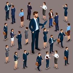 Isometric people, businessmen 3D business woman. Set 6 Office staff, the crowd of people, under the head on a dark background