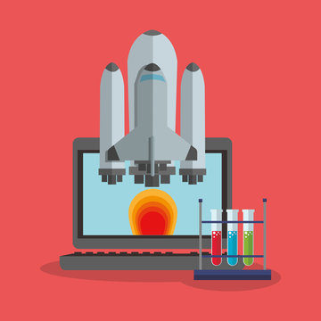 Laptop and rocket icon. Science laboratory chemistry and research theme. Colorful design. Vector illustration