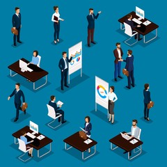 Business people isometric set of men and women in the office business suits isolated on a blue background. Vector illustration