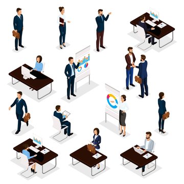 Business people isometric set of men and women in the office business suits isolated on a white background. Vector illustration