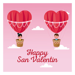 happy san valentine boy and girl flying heart airballoon valentine day pink sky vector illustration eps 10