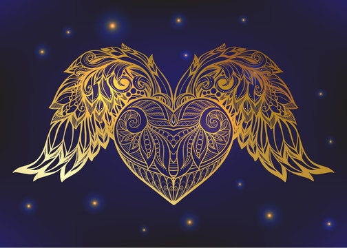Decorative patterned Love Heart with angel wings in gold on blac