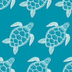 Seamless pattern with sea turtle in line art style. Hand drawn vector illustration. Design for coloring book. Ocean elements