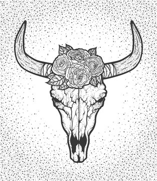 Bull skull with roses native Americans tribal style. Tattoo blackwork. Vector hand drawn illustration. Boho design