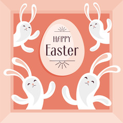 Happy Easter greeting card. The image of Easter eggs and white rabbits on a pink background. Vector illustration.