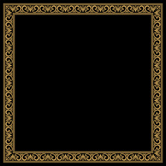 Greek style frame with vintage ornament. Golden pattern on a black background.