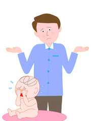 泣いている赤ちゃんに戸惑う男性