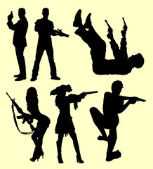 Gun, people shooting silhouette. Good use for symbol, logo, web icon, mascot, sign, sticker, or any design you want
