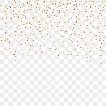 Gold confetti celebration isolated on transparent background. Falling golden abstract decoration party, birthday celebrate, anniversary or Christmas, New Year. Festival decor. Vector illustration