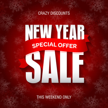 New Year sale badge, label, promo banner template. Special offer text on ribbon.