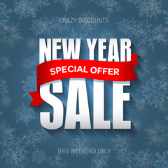 New Year sale badge, label, promo banner template. Special offer text on ribbon.
