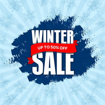 Winter Sale Badge, Label, Promo Banner Template. Up To 50% OFF Discount Offer. Vector Illustration.