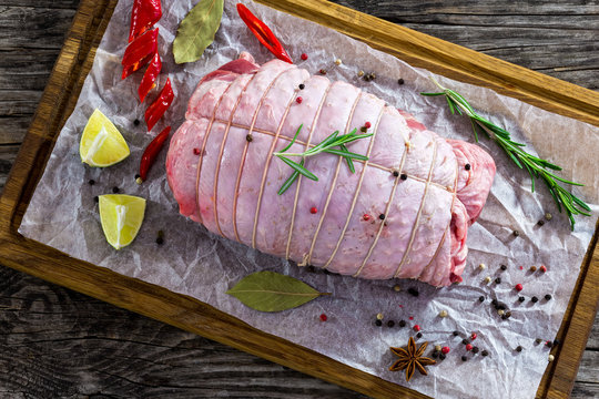 Raw Turkey Roulade Preparing For Grill, Top View