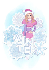 Girl in the of Santa Claus costume and Santa's helper's hat with