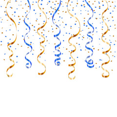 Gold blue ribbon confetti. Golden serpentine on white background. Colorful streamers. Design decoration party, birthday, Christmas, New Year celebration, carnival Vector illustration