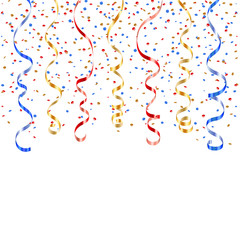 Gold red blue ribbon confetti. Golden serpentine on white background. Colorful streamers. Design decoration party, birthday, Christmas, New Year celebration, carnival Vector illustration