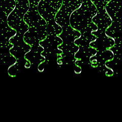 Fototapeta premium Green ribbon confetti. Serpentine on black background. Colorful streamers. Design decoration party, birthday, Christmas, New Year celebration, anniversary, carnival Vector illustration