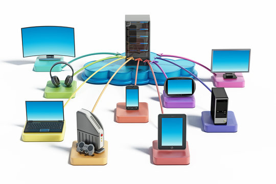 Electronic devices connected to the cloud network. 3D illustration