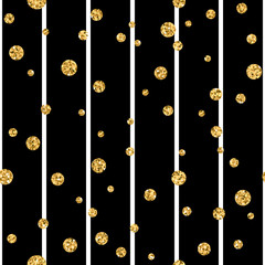 Gold polka dot on lines seamless pattern background. Golden foil confetti. Black and white stripes. Christmas glitter design decoration for card, wallpaper, wrapping, textile. Vector Illustration