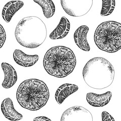 Seamless pattern design or background with orange. Hand drawn illustration by ink and pen sketch set. Elements include drawing and their own background shape.